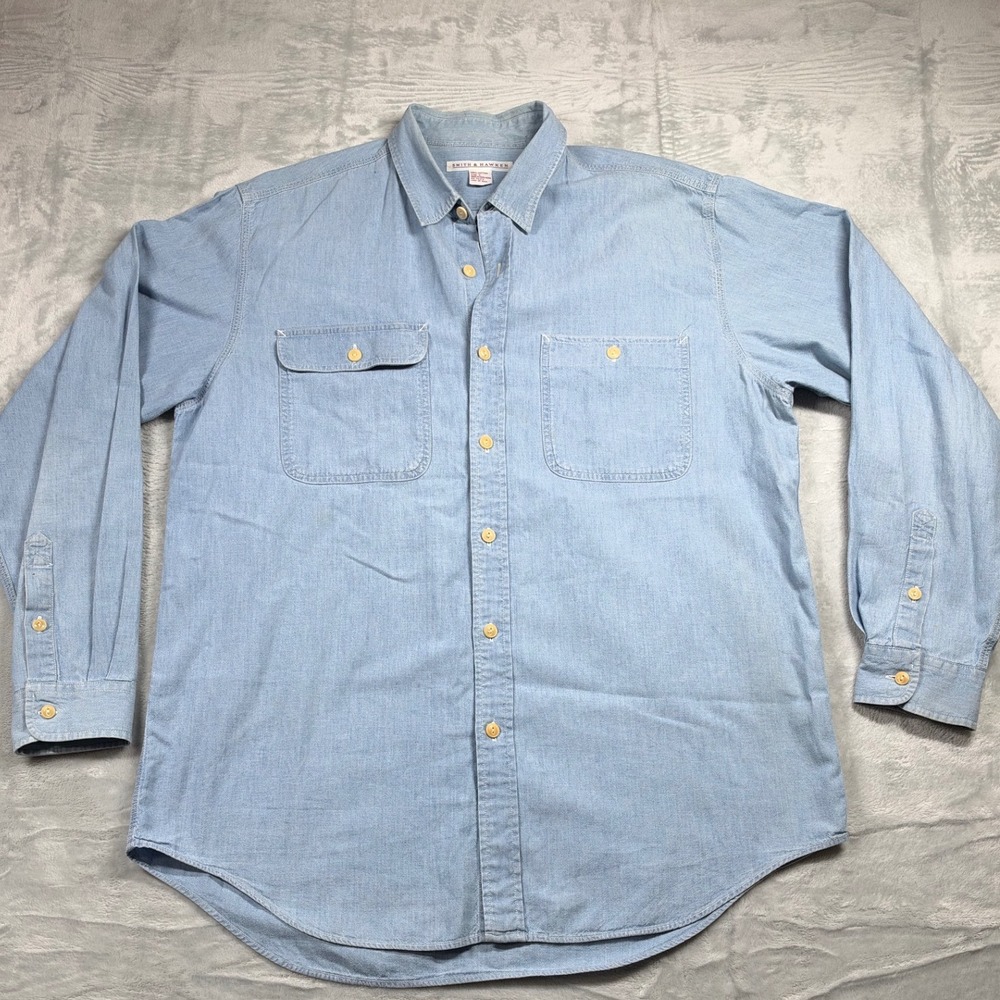 Vintage Smith & Hawken Men L Blue Chambray Shirt 100% Cotton Hong Kong Workwear